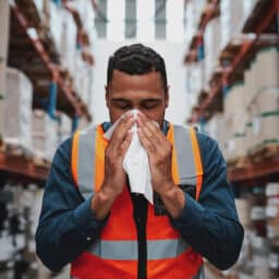 Warehouse worker sneezing into a tissue